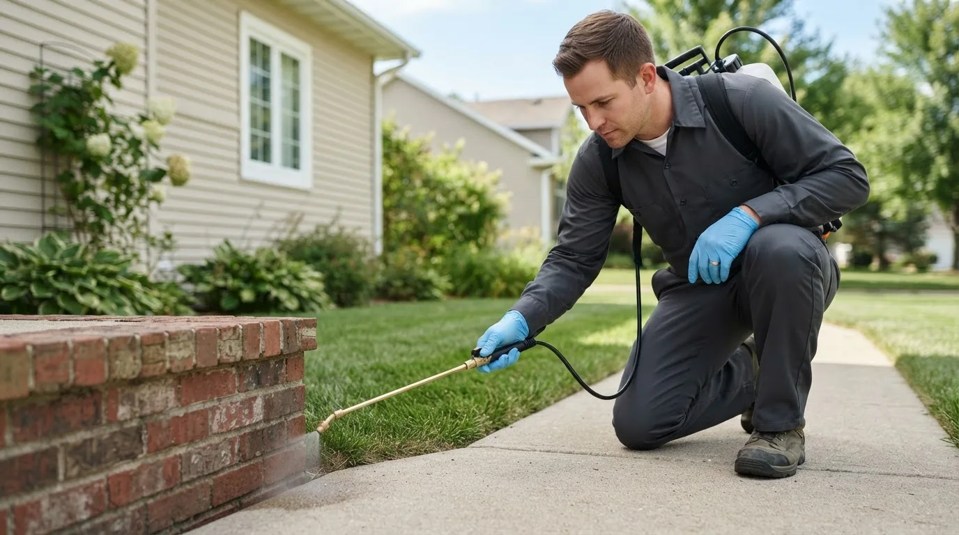 Pest control technician treating a home near Belleville, MI
